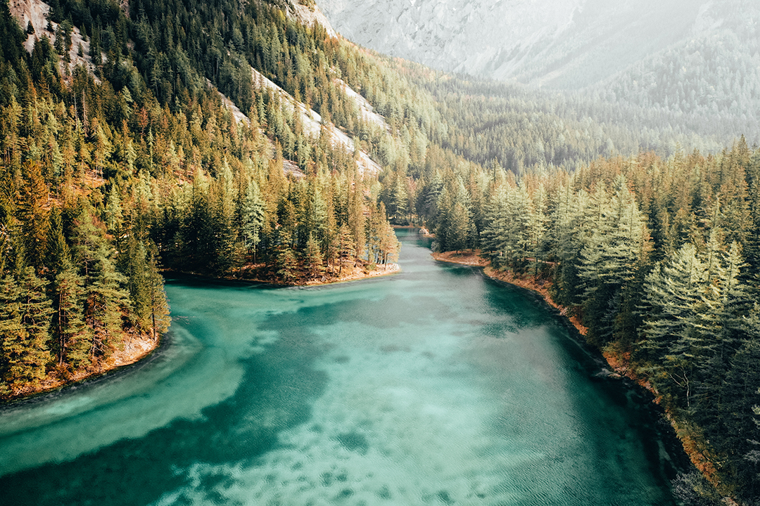A beautiful aerial shot of a blue river running in a forest